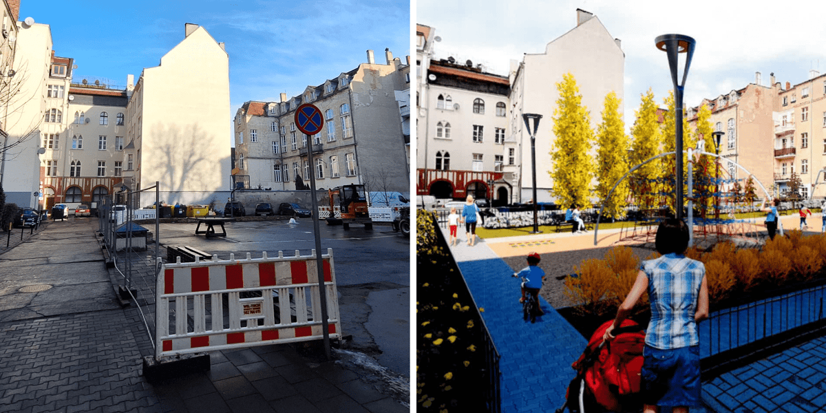 Kolaż złożony ze zdjęcia podwórka w obrębie ulic Piotra Skargi i Nowej w trakcie remontu oraz z wizualizacji podwórka po metamorfozie
