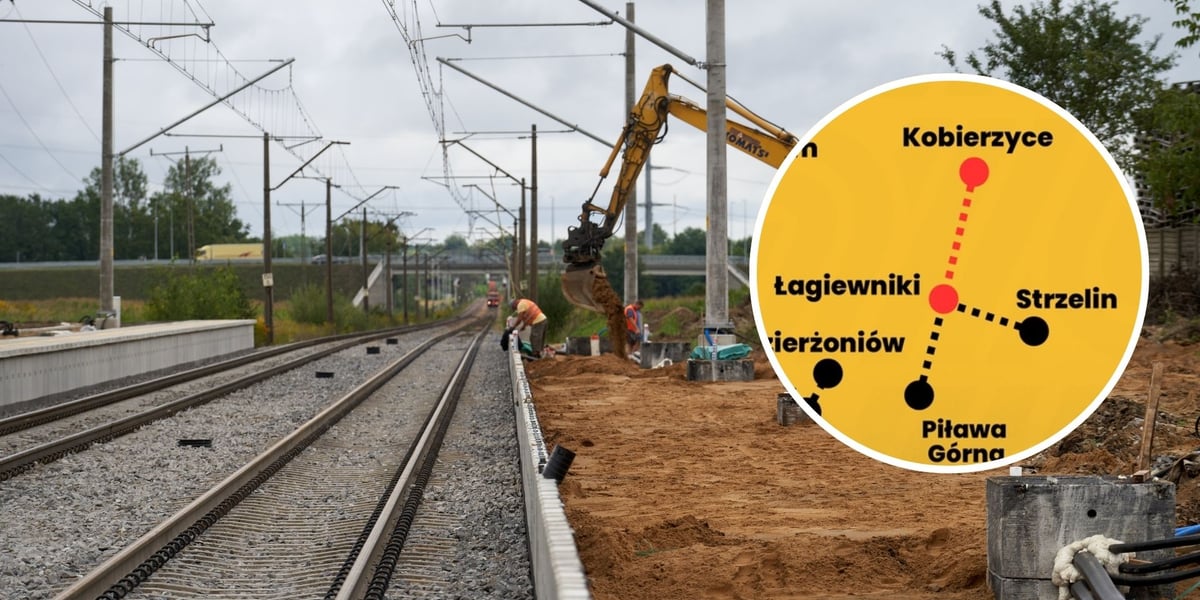 Zdjęcie ilustracyjne przedstawiające roboty budowlane przy torowisku kolejowym, w prawej części nałożony okrągły kadr ze schematyczna mapka przedstawiającą odcinek trasy Kobierzyce - Łagiewniki, który przejdzie renowację.