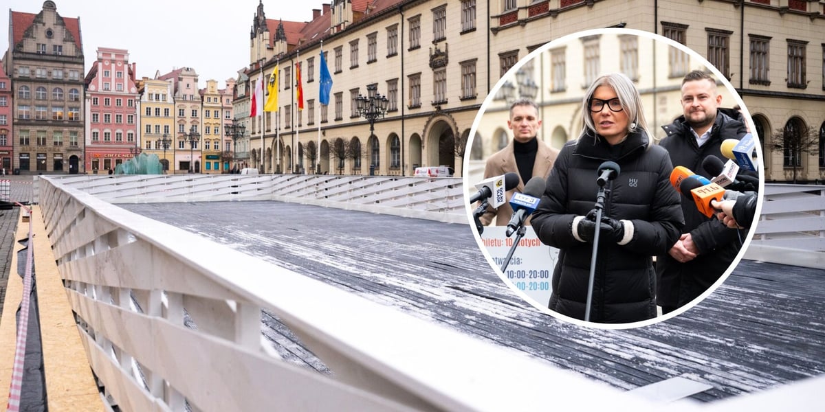 W tle: lodowisko w Rynku, w kółku: Renata Granowska, wiceprezydent Wrocławia