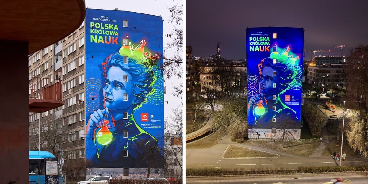 Mural z Marią Skłodowską-Curie na dwóch zdjęciach: jednym w świetle dziennym i drugim po zmroku