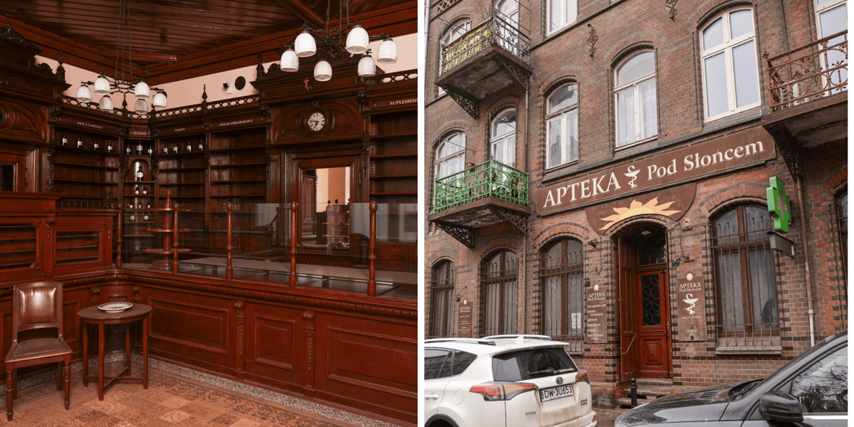 Apteka pod Słońcem  - po prawej na zewnątrz, po lewej wewnątrz - drewniane meble, włącznie ze zdobnym sufitem, objęte konserwatorską ochroną