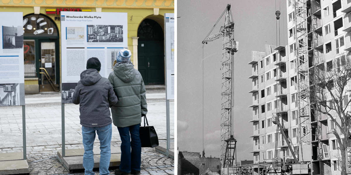Kolaż 2 zdjęć. Z lewej otwarcie wystawy "Prefabrykaty na Kwadraty" na wrocławskim rynku, z prawej zdjęcie budowy osiedla na Różance