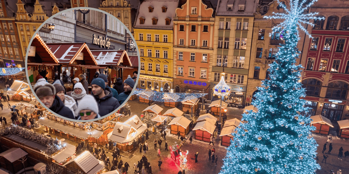 W tle Jarmark Bożonarodzeniowy w Rynku - zdjęcie z drona, w kółku z lewej grupa gości na Jarmarku