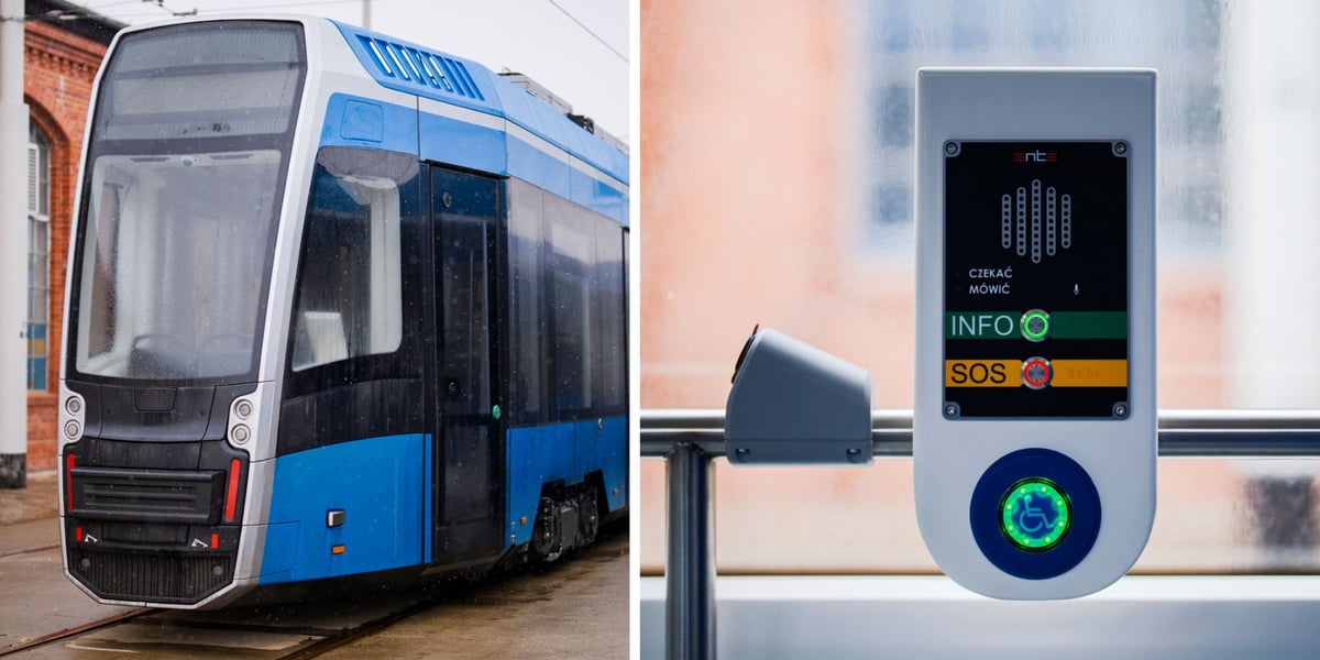 Zdjęcie podzielone na pół: z lewej - widok na tył nowego tramwaju PESA stojącego przy zajezdni Borek; po prawej - wyposażenie wnętrza tramwaju - komunikator dla pasażerów z niesprawnościami.