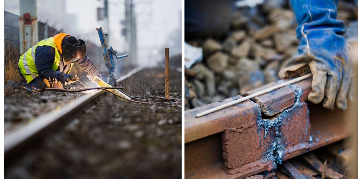 Zdjęcie podzielone na pół: z lewej - pracownik pogotowia torowego w masce ochronnej spawa szyny na ul. Legnickiej; po prawej - zbliżenie na uszkodzoną szynę i dłoń w rękawicy roboczej z prętem spawalniczym.