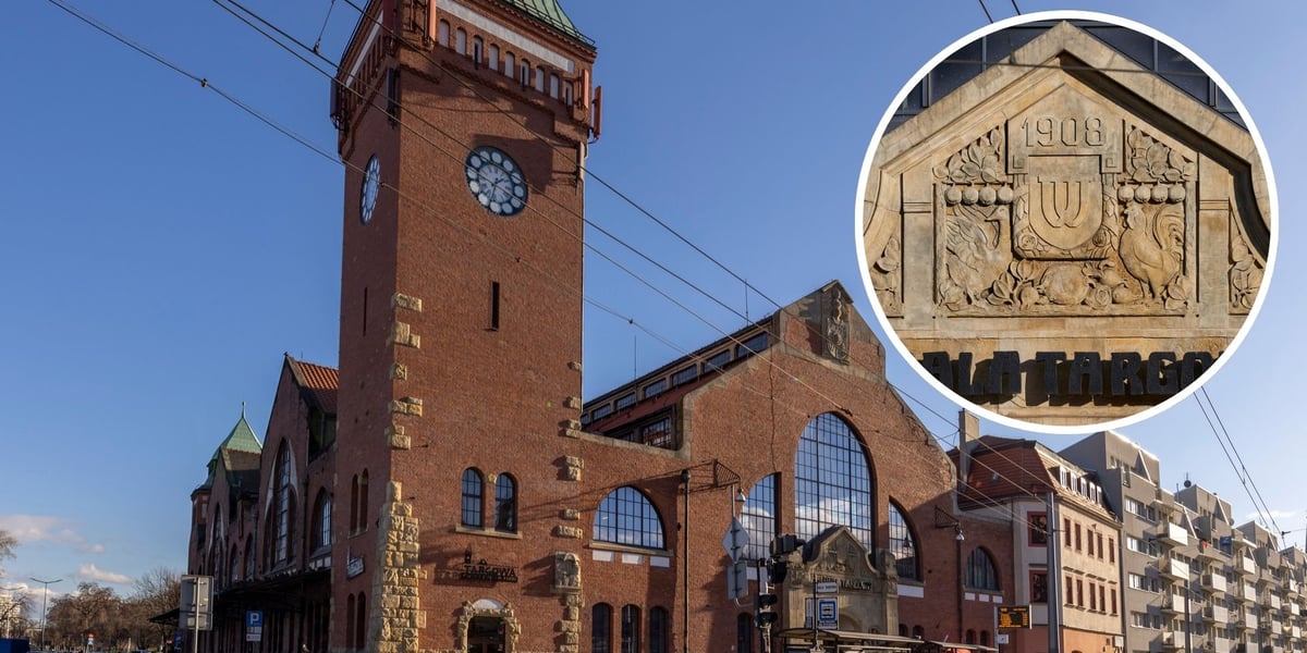 Zdjęcie przedstawiające zabytkowy budynek z wieżą z czerwonej cegły - Hala Targowa we Wrocławiu. W okrągłym kadrze w prawej części zdjęcia - zbliżenie na ozdobny front na fasadzie.