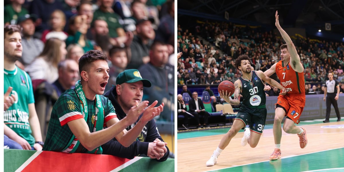 Zdjęcie podzielone na pół: po lewej - kibice WKS-u dopingujący na trybunach podczas meczu; po prawej - dwóch koszykarzy na parkiecie podczas meczu Śląsk Wrocław - Cedevita Olimpija Ljubljana, 10 lutego 2026 r. w Hali Orbita.