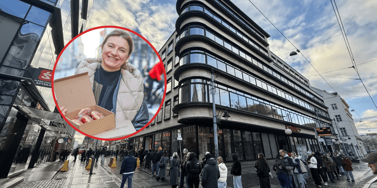 Kolejka do pączkarni na Oławskiej, w kółku: uśmiechnięta kobieta z pączkami