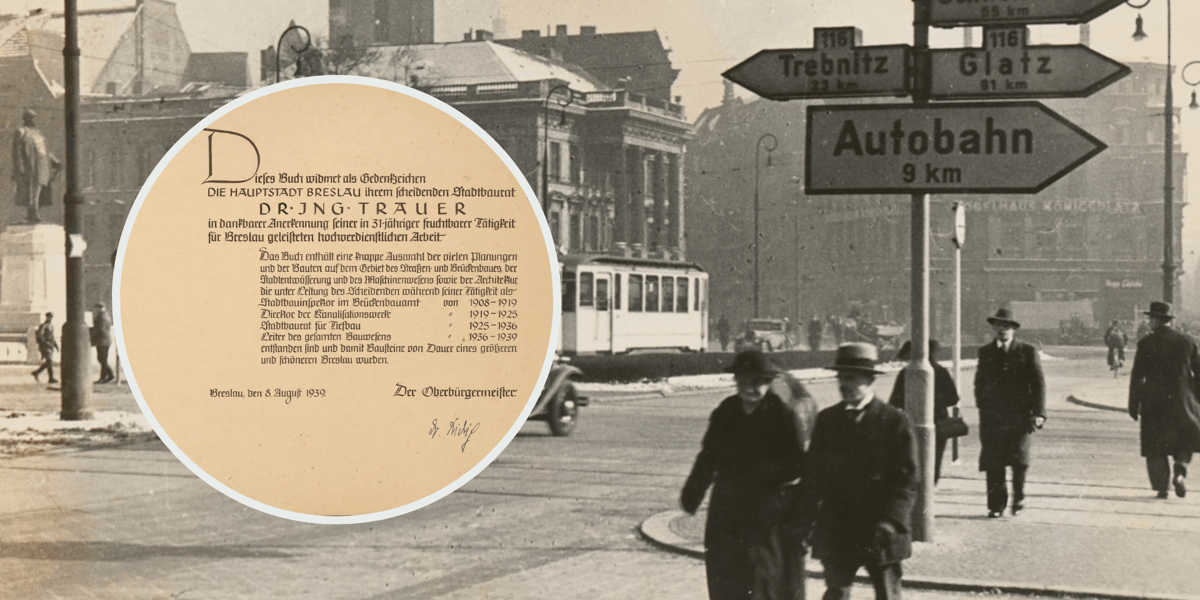 Zdjęcie placu Jana Pawła II z 20-lecia międzywojennego, w kółku dedykacja dla Trauera pochodząca z pozyskanego przez MA albumu