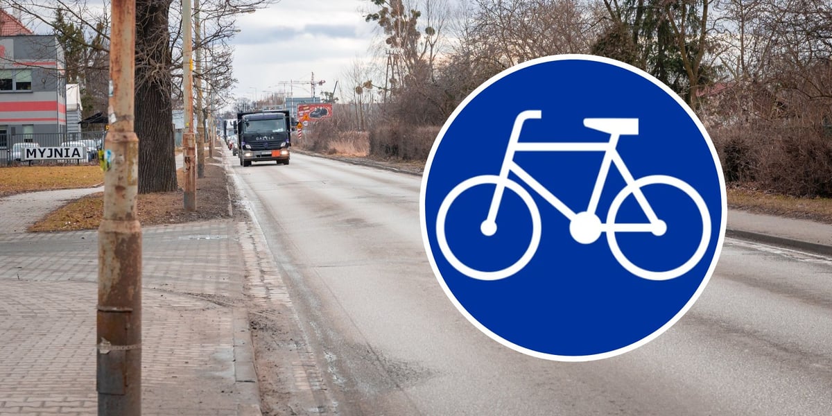 Duże zdjęcie: ulica Awicenny, odcinek od torów kolejowych do Stanisławowskiej. Tu drogę rowerową wybuduje deweloper. Na małym obrazku w kółku znak "droga dla rowerów"  