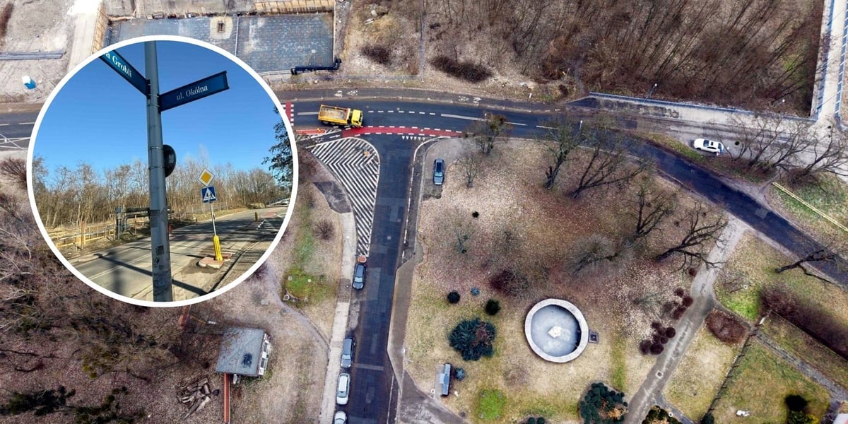 Skrzyżowanie ulic Na Grobli i Okólnej oraz Międzyrzeckiej widziane z lotu ptaka. W lewej części w kole mniejsze zdjęcie ze słupkiem z tablicami z nazwami ulic.