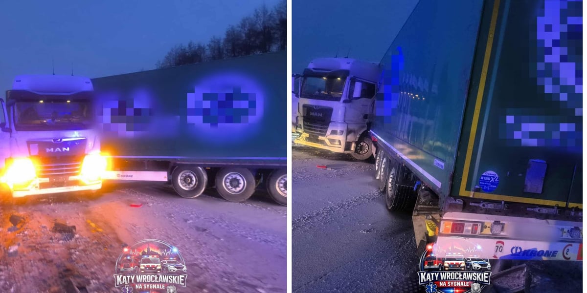 Ciężarówka stoi w poprzek jezdni i blokuję autostradę A4 w rejonie węzła Kąty Wrocławskie