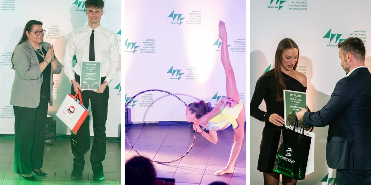 3 zdjęcia, z lewej Igor Kusztal odbiera nagrodę, w środku jedna z gimnastyczek, z prawej odbiera nagrodę Paulina Kubis