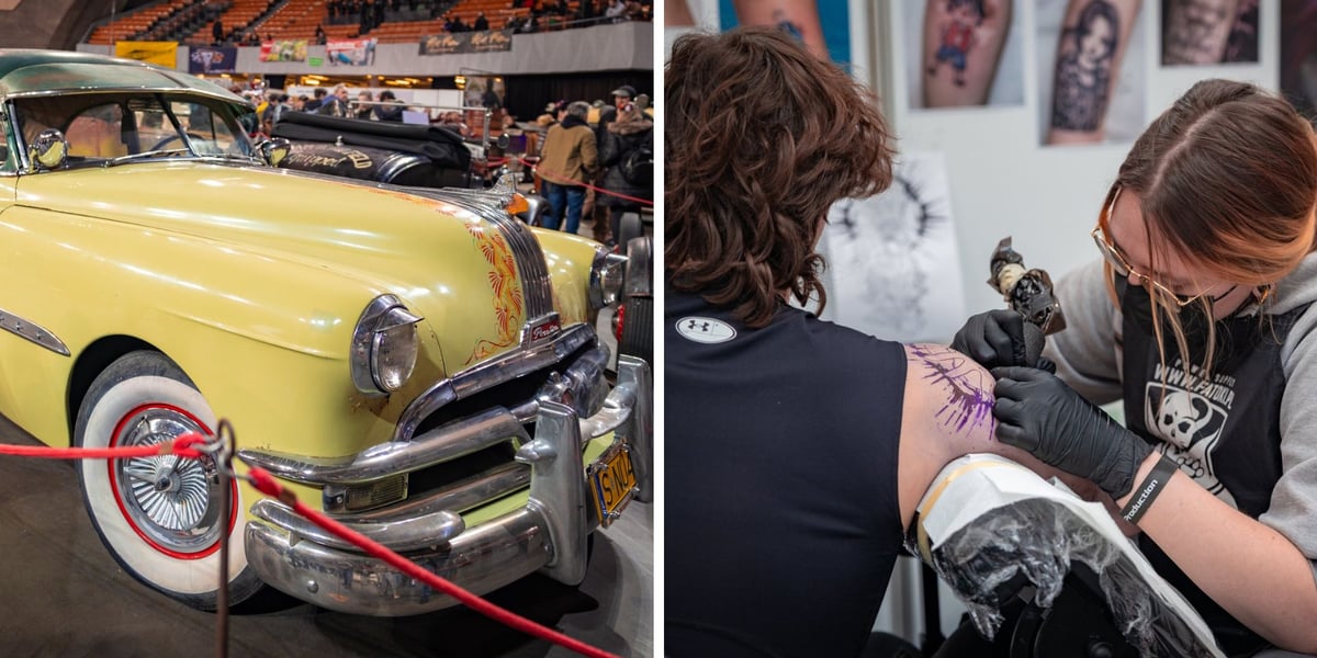 Kustomhead i Wrocław Tattoo Show w Hali Stulecia - 21.02.2026. Z lewej amerykański samochód, z prawej kobieta robi tatuaż
