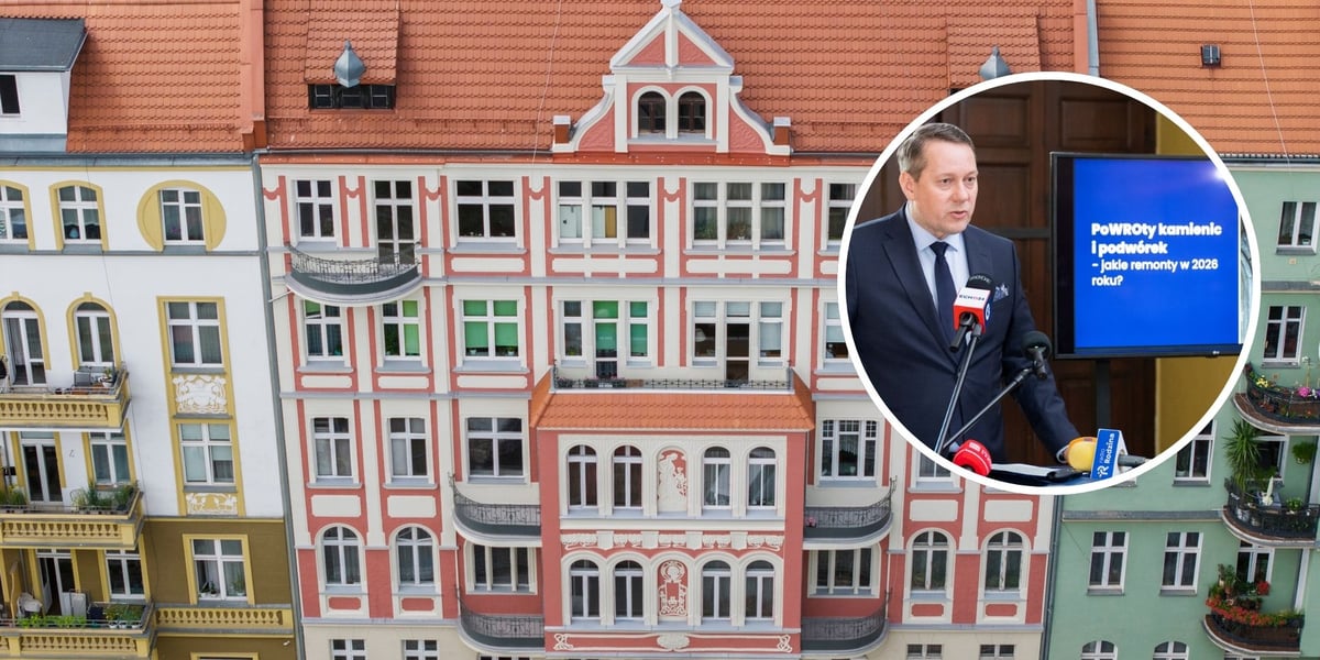 Zdjęcie odnowionej kamienicy przy ul. Rozbrat, w zdjęcie małym kole z prawej strony - Michał Młyńczak, wiceprezydent Wrocławia podczas konferencji prasowej na temat planowanych remontów kamienic i podwórek w 2026 r.