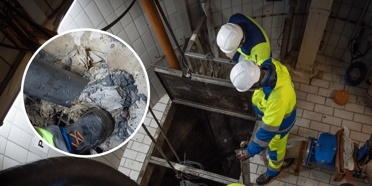 Na zdjęciu - pracownicy MPWiK w zielonych kombinezonach, w kółku, wyłowione z rur tekstylia