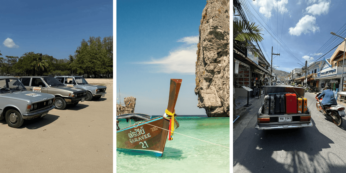Kolaż 3 zdjęć. Od lewej: auta uczestniczące w wyprawie, wyspa Phuket w Tajlandii, jedno z aut biorących udział w wyprawie z otwartym bagażnikiem pełnym walizek