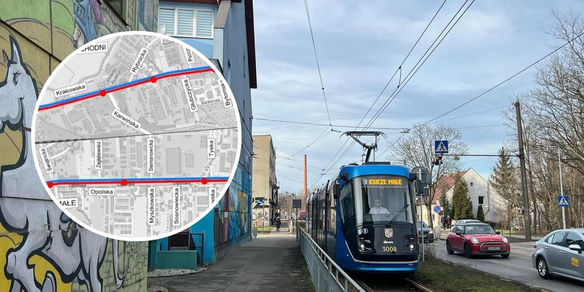 Zdjęcie przedstawiające tramwaj jadący ulicą - na ul. Opolskiej. w Lewym rogu okrągła mapa z wariantem przebiegu przyszłej trasy tramwajowej.