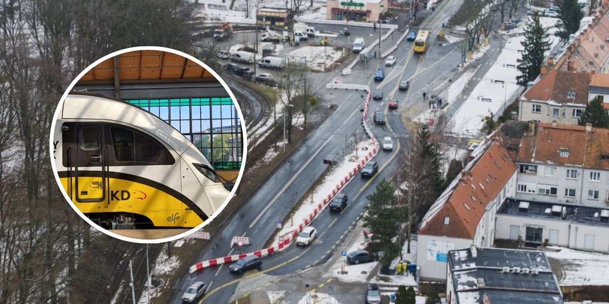 Zdjęcie z lotu ptaka początek prac na pętli tramwajowej Sępolno 212 lutego 2026 r. W lewym górnym rogu okrągłe zdjęcie pociągu Kolei Dolnośląskich.