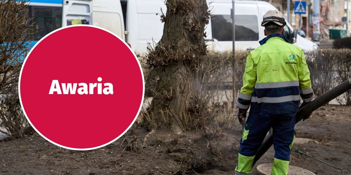 Awaria ciepłownicza na ul. Sienkiewicza, pracownicy Fortum. 01.03.2026. W kółku napis "awaria" na czerwonym tle.