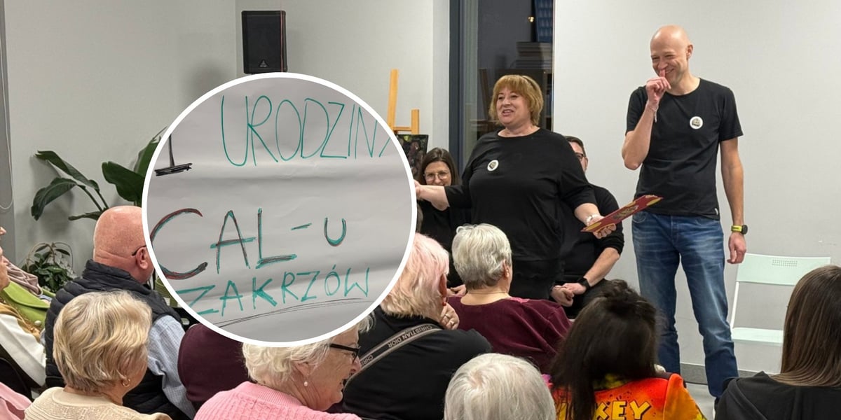 W tle: Urodziny CAL Zakrzów. Wrocław, 01.03.2026. Mieszkańcy we wnętrzu CAL Zakrzów. W kółku: napis "1 urodziny CAL Zakrzów"