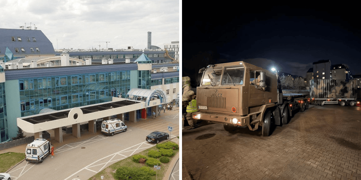 Z lewej budynek USK we Wrocławiu, z prawej ciężarówki, które przywiozły agregaty prądotwórcze