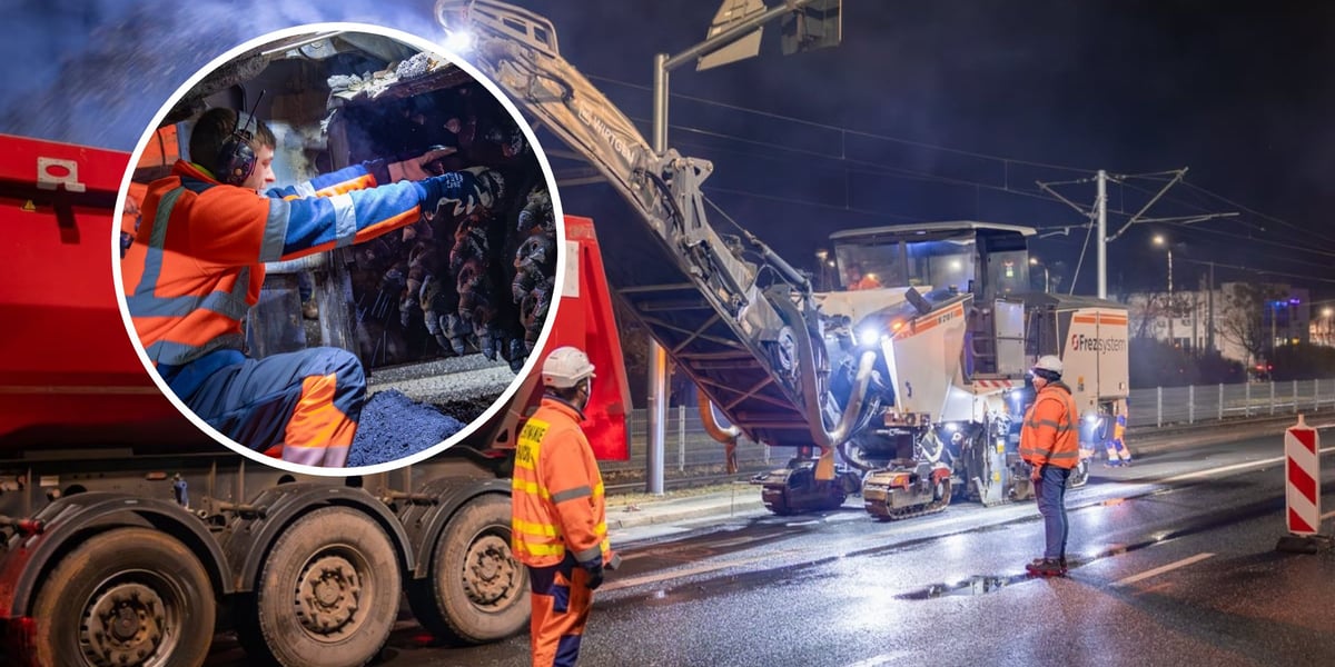 Mężczyzna w pomarańczowym ubraniu roboczym i słuchawkach ochronnych - pracownik przy "pazurach" maszyny frezującej asfalt na ul. Powstańców Śląskich.