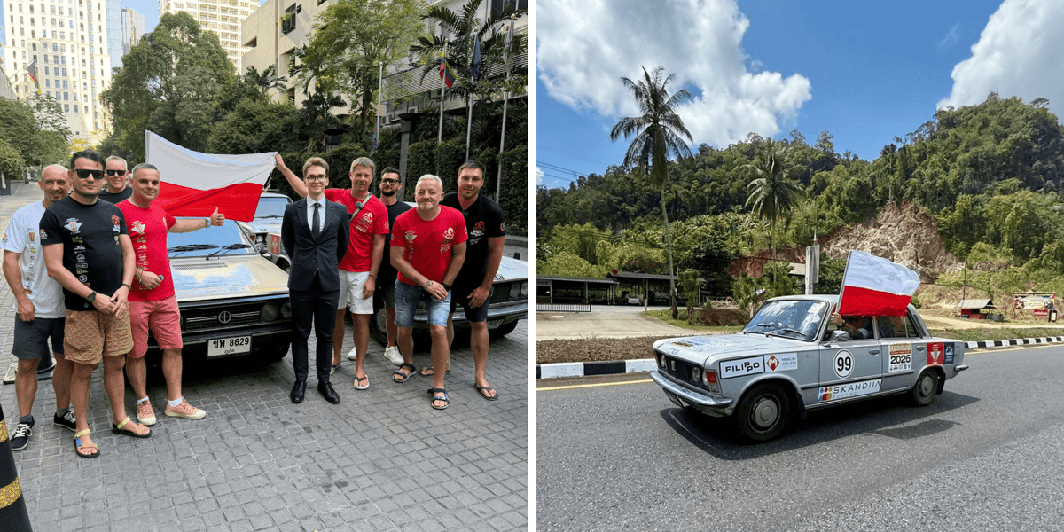 Kolaż 2 zdjęć z wyprawy "Z Ziemi Tajskiej do Polski". Z lewej spotkanie pod polską ambasadą w Bangkoku, z prawej jeden z Fiatów na tle bujnej tajskiej zieleni