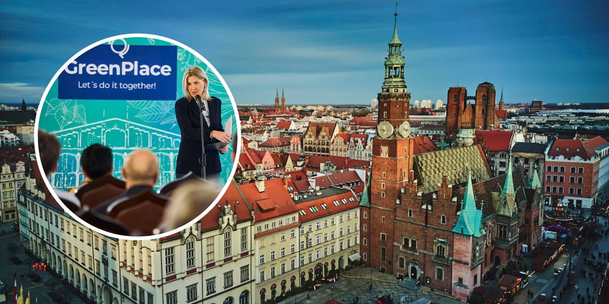 W tle: wrocławski Stary Ratusz, widok z drona. W kółku: wiceprezydent Wrocławia Renata Granowska na tle planszy z napisem "GreenPlace. Let's do it together!"