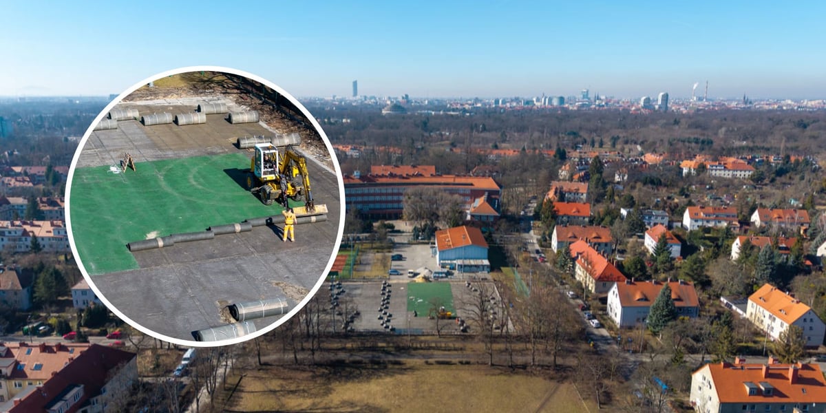 Remont boiska Spartan na Sępolnie, widok z drona. Wrocław, 03.03.2026