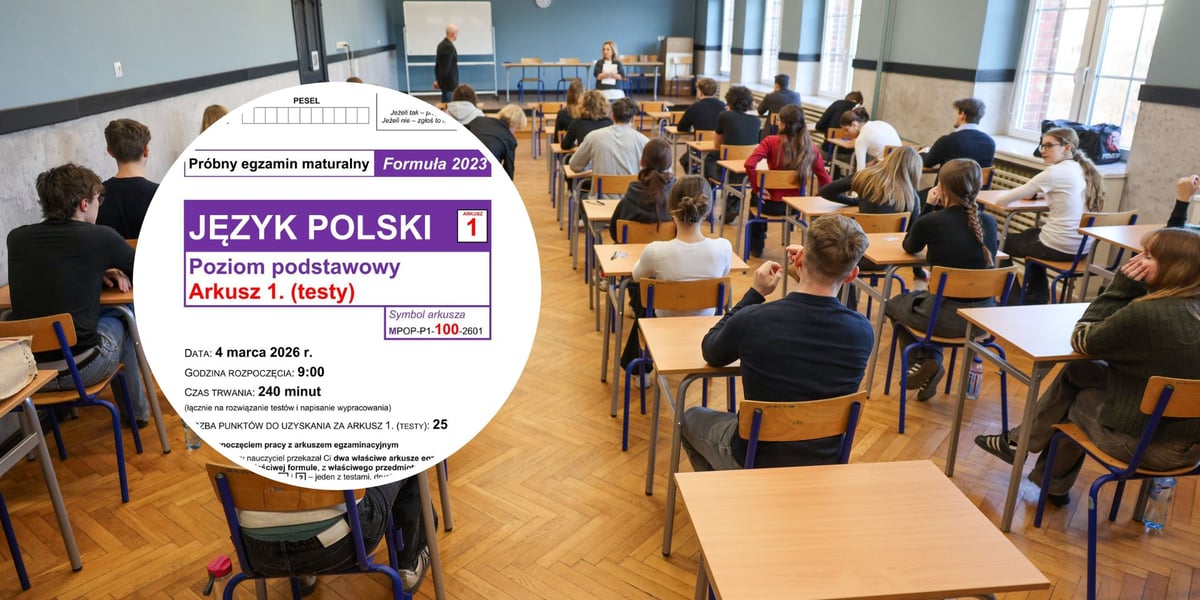 Próbna matura z języka polskiego 2026 w LO nr VII  przy ul. Kruczej we Wrocławiu. Uczniowie czekają na rozpoczęcie egzaminu, w kółeczku pierwsza strona arkuszu egzaminacyjnego z języka polskiego na poziomie podstawowym (zdjęcie ilustracyjne)
