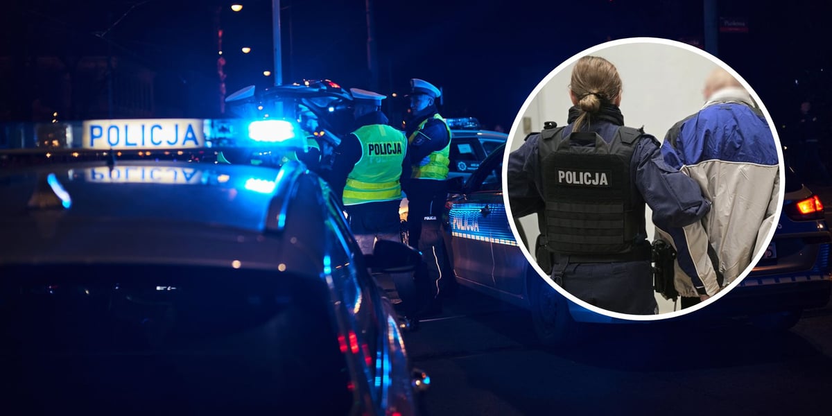 W tle - policyjne radiowozy po zmroku, zdjęcie ilustracyjne. W kółku - policjantka prowadząca skutego zatrzymanego