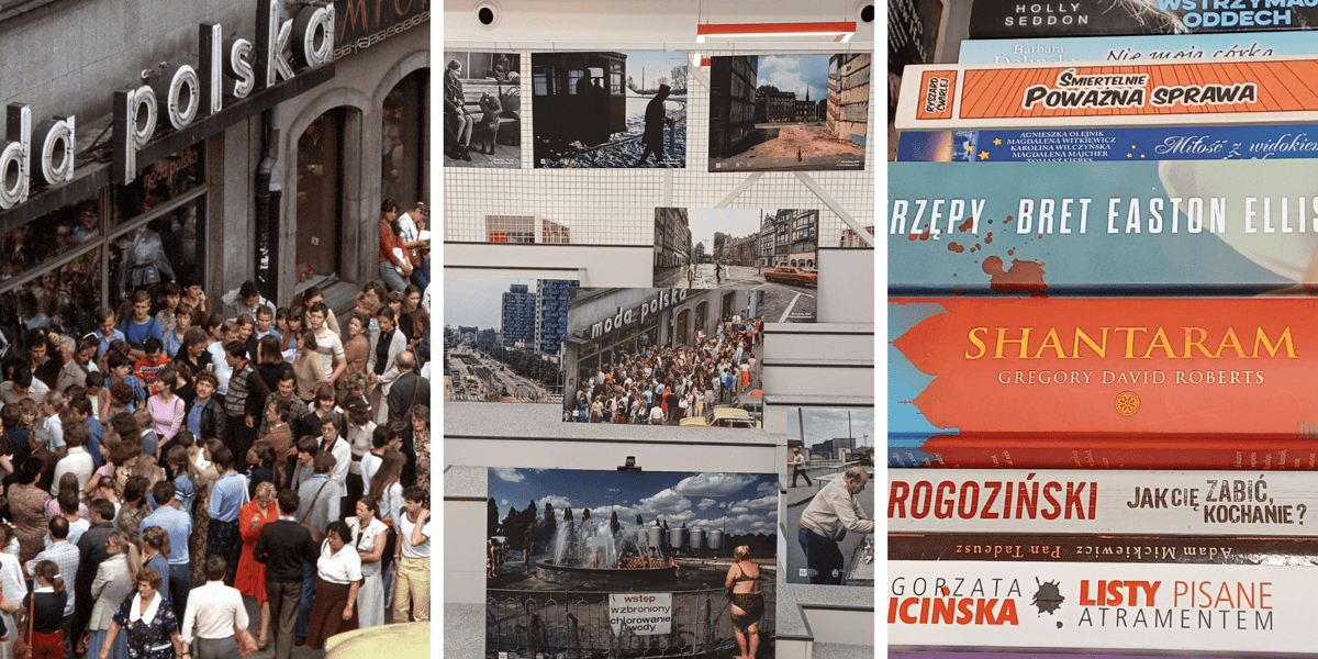 Kolaż 3 zdjęć. Od lewej: słynne zdjęcie Chrisa Niedenthala zrobione we Wrocławiu w 1982 roku, wystawa w bibliotece Grafit na Ołbinie, książki, które można będzie kupić na kiermaszu.