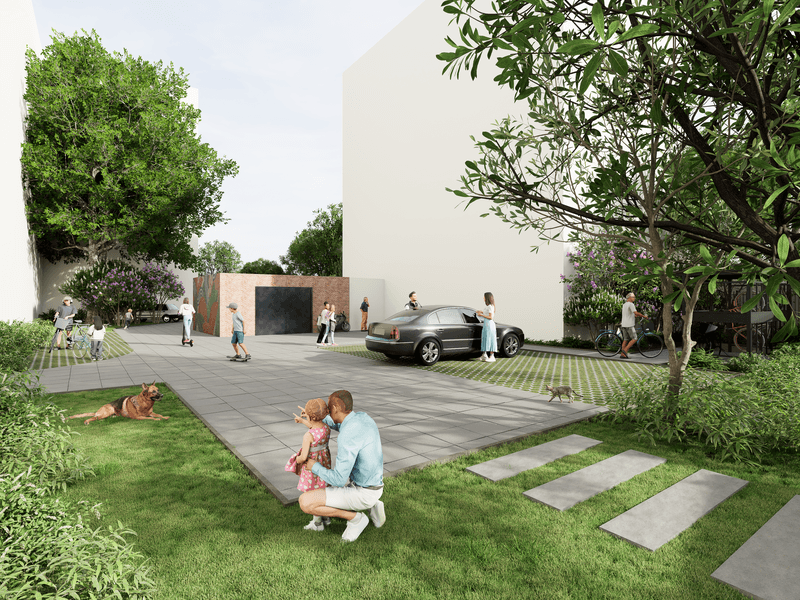 Tak będzie wyglądało podwórko przy ul. Brzeskiej 25A po metamorfozie. Na wizualizacji widać mieszkańców, dużo zieleni, trawnik, nowe nawierzchnie i miejsca parkingowe