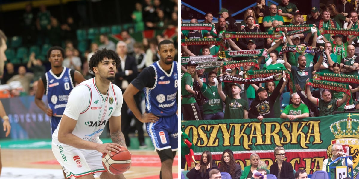 Zdjęcie podzielone na dwie części: z lewej koszykarz z piłką szykuje się do rzutu, w tle zawodnicy przeciwnej drużyny; z prawej kibice z szalikami na trybunach - mecz Śląska Wrocław z MKS Dąbrowa Górnicza w Hali Orbita.