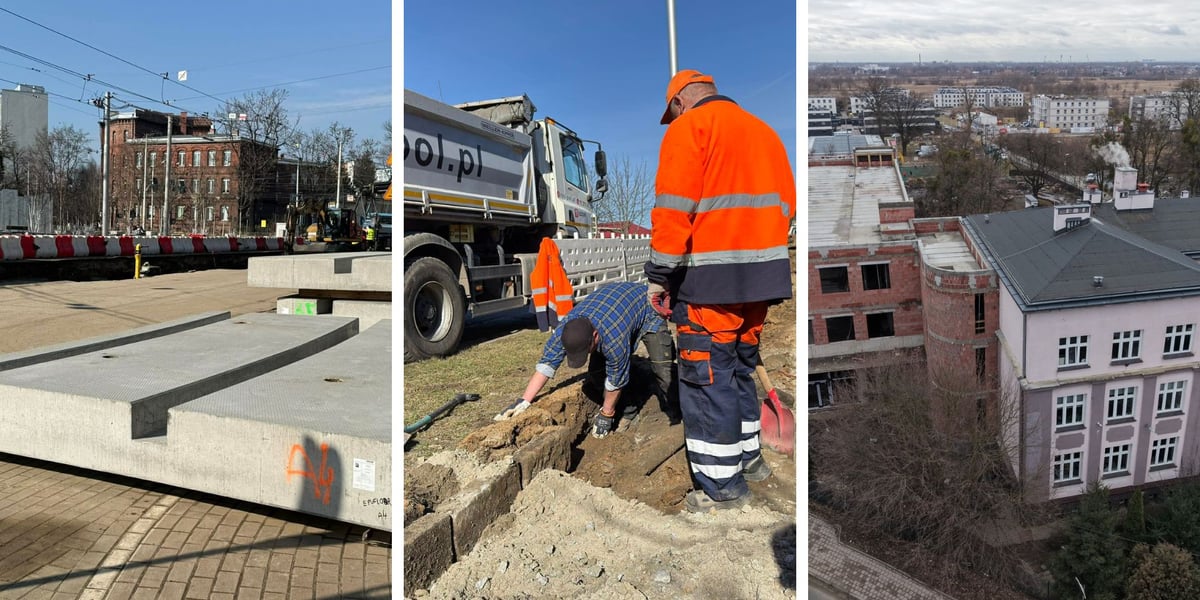 Zdjęcie podzielone na trzy części - z lewej - prace przy renowacji torowiska na ul. Glinianej, w środku - remont chodnika na ul. Łużyckiej, z prawej - rozbudowa szkoły na ul. Gorlickiej.