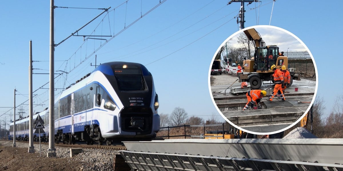 Zdjęcie ilustracyjne - pociąg jadący torami zbliżający się do pomostu, w prawej części nałożone okrągłe zdjęcie z robotnikami i maszyną na przejeździe kolejowym.