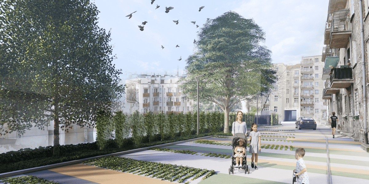 Po prawej: podwórko w obecnym stanie. Po lewej: wizualizacja - tak ma wyglądać podwórko po remoncie - uporządkowana zieleń, oświetlenie, wyremontowane chodniki, dużo kolorów