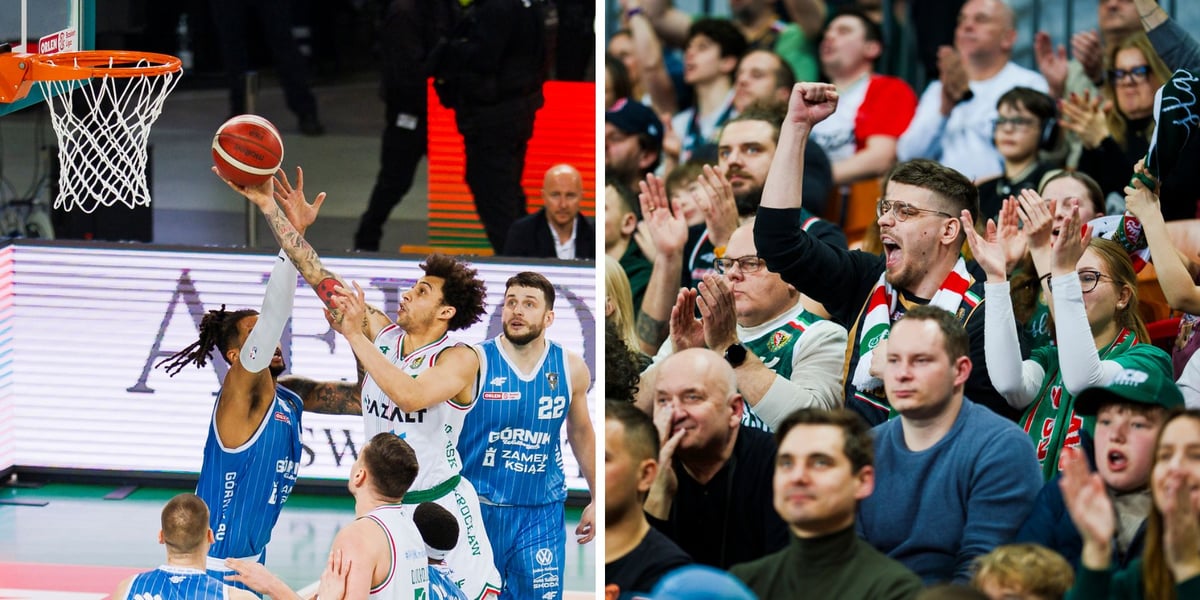 Zdjęcie podzielone na pół: z lewej dwóch koszykarzy w wyskoku z piłką i kilku innych wokół nich pod koszem; z prawej - kibice dopingujący na trybunie podczas meczu Śląsk Wrocław - Górnik Wałbrzych w Hali Stulecia 10 marca 2026 r.