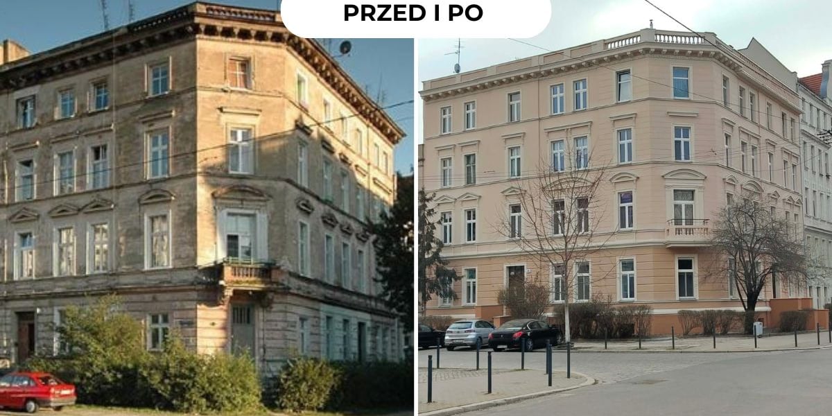 Kamienica na roku Zegadłowicza i Kraszewskiego przed i po remoncie (od lewej do prawej)