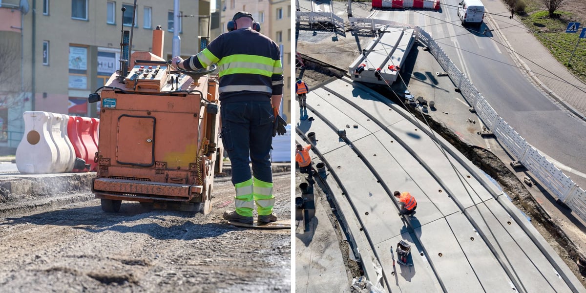 Remont torowiska na Glinianej. Na lewym zdjęciu rejon skrzyżowania z ulicą Łódzką, na prawym skrzyżowanie z Borowską 