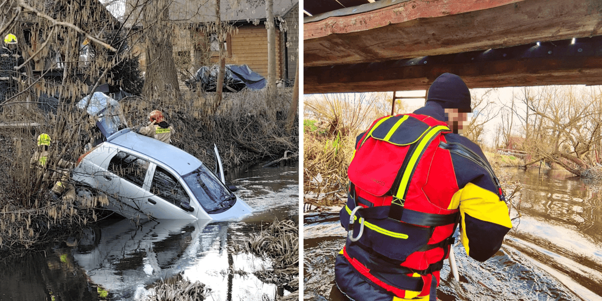 Kolaż 2 zdjęć: akcja związana z przeszukiwaniem rzeki Młynówki w Kiełczówku pod Wrocławiem, z lewej Fiat Punto częściowo zanurzony w wodzie, z prawej ratownik WSR