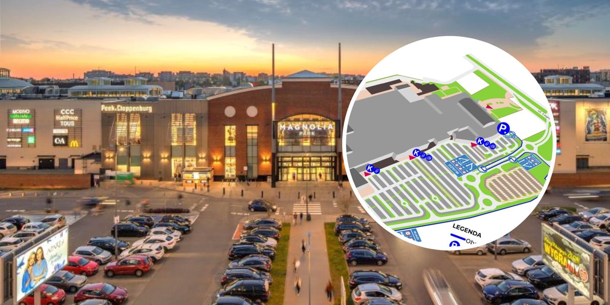 Budynek centrum handlowego Magnolia Park. Mapa z parkingiem. Od 1 czerwca 2026 r.  za parking przy ul. Legnickiej trzeba będzie płacić.