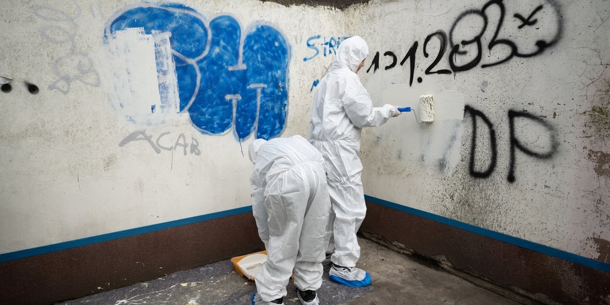 Dwie osoby w białych kombinezonach i maskach zamalowują napisy na murach