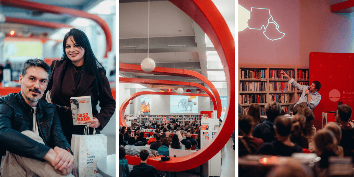 Kolaż 3 zdjęć z pierwszego dnia festiwali Równoleżnik Zero. Od lewej Tomasz Michniewicz, publiczność w Mediatece, Bartek Sabela