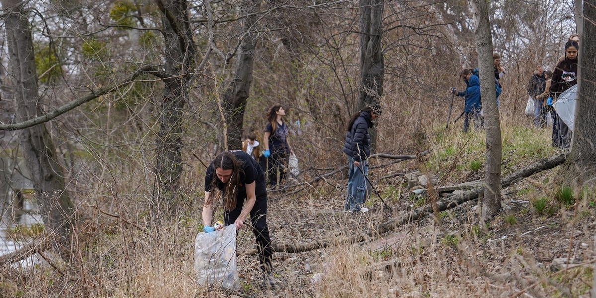 Ludzie sprzątający wybrzeże Oławy podczas akcji Sprzątamy Rzeki Wrocławia 2026
