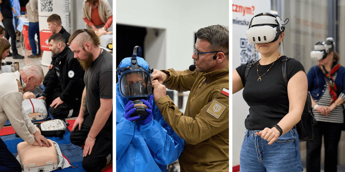 Kolaż 3 zdjęć z pierwszego szkolenia nowej edycji programu Bezpieczny Wrocław. Od lewej: pierwsza pomoc, zakładanie kombinezonu ochronnego, ćwiczenia przy pomocy okularów VR