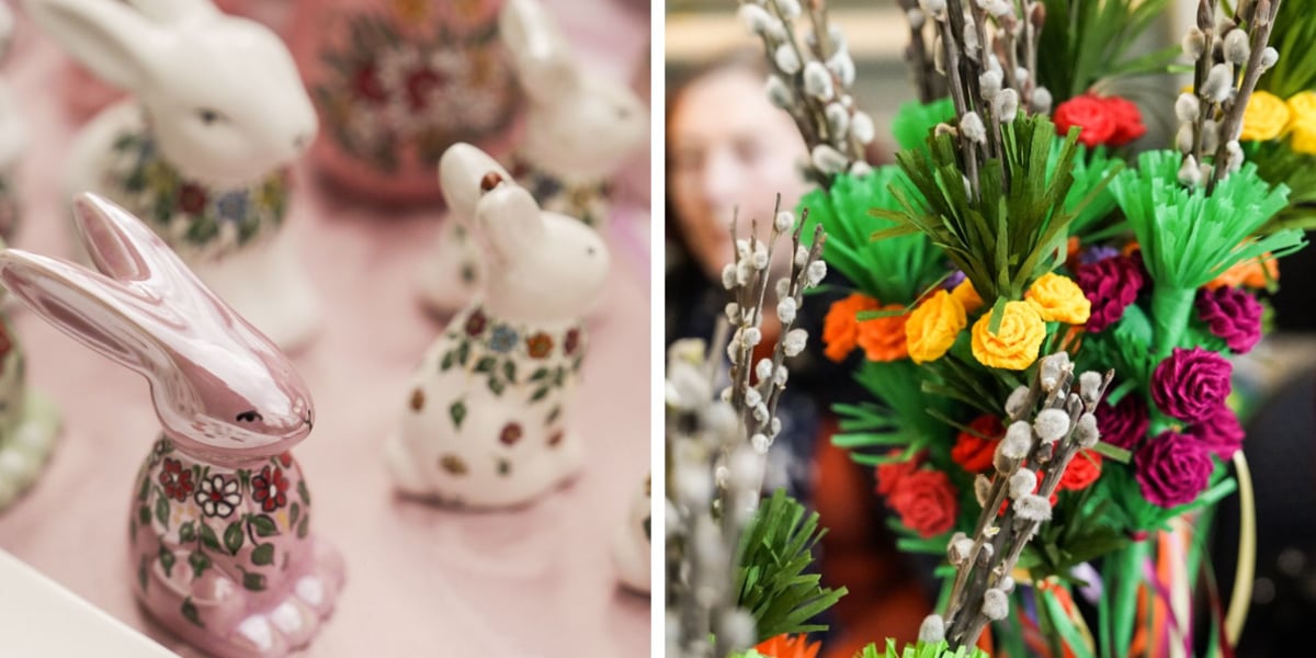 Ozdoby wielkanocne. Na zdjęciu baranek z cukru oraz stroik z baziami i kwiatami