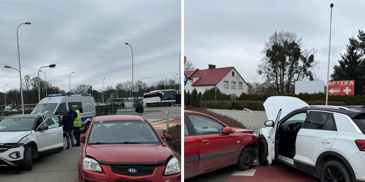 Uszkodzone samochody u zbiegu ul. Pilczyckiej  i ronda Bartoszewskiego, 28.03.2026 r. 