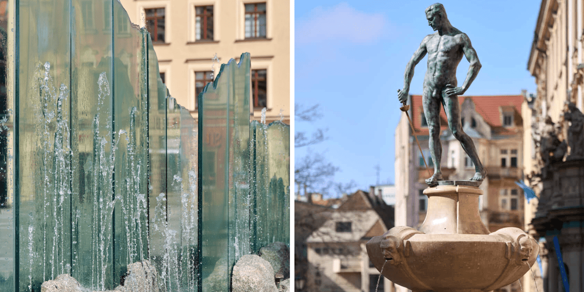 Kolaż 2 zdjęć: fontanna Zdrów na Rynku i fontanna Szermierz na Pl. Uniwersyteckim we Wrocławiu, 1 kwietnia 2026